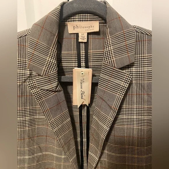 NWT Philosophy Plaid Open Front Blazer Jacket | Brown Tan | S/P - Picture 3 of 6